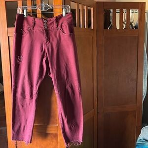 Royalty For Me WannaBettaButt Rough Cut Hem Stretch Jeans in Burgundy Shade